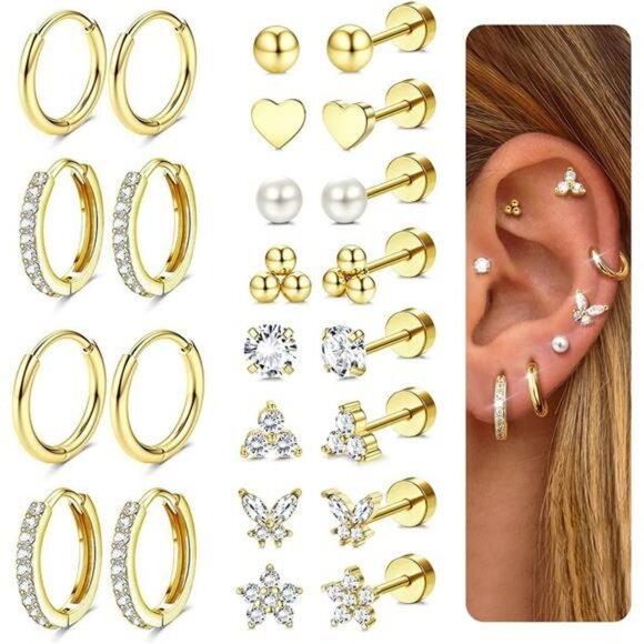 Gold Stud and Huggie Hoop Earrings Set Hypoallergenic Flat Back for Multiple Pie - Picture 1 of 7